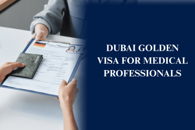 Doctor holding a UAE Golden Visa application representing long-term residency for medical professionals in Dubai.