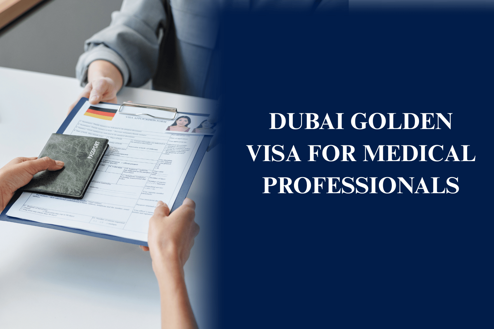 Doctor holding a UAE Golden Visa application representing long-term residency for medical professionals in Dubai.